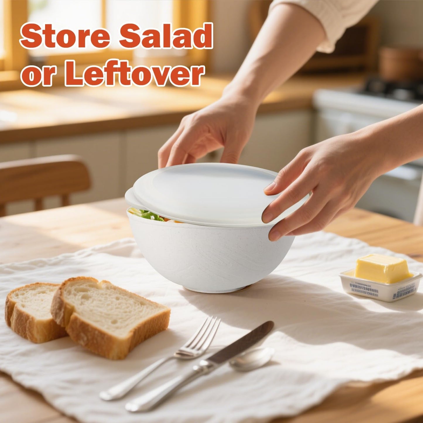 Wrova alternative plastic bowl set with lids,unbreakable wheat straw bowls 40oz suitable for indoors and outdoors,overnight foods container with cover. White