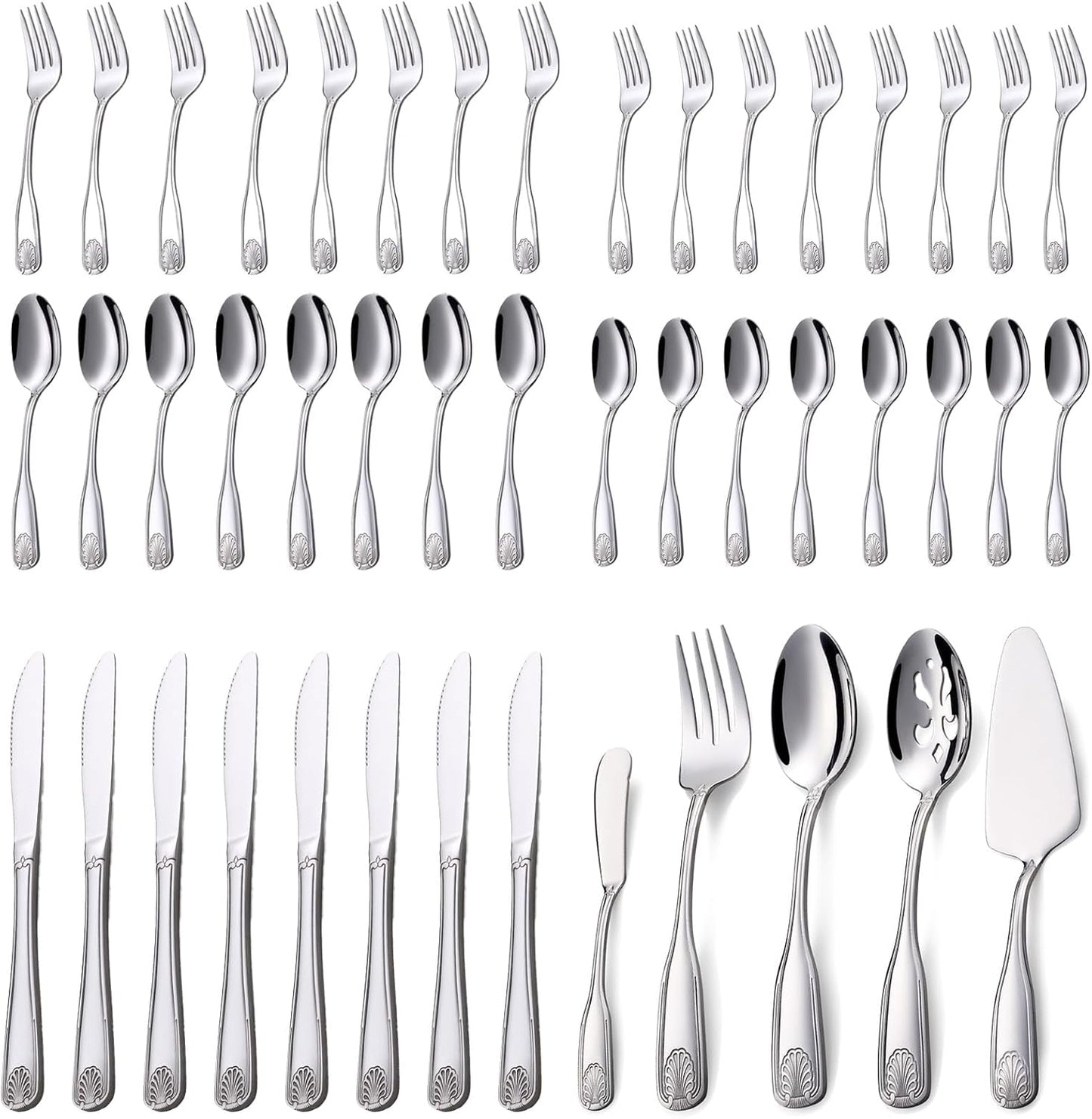45 Pieces Silverware Set with Serving Utensils, Stainless Steel Flatware Serving Set for 8, Dinnerware Cutlery Set, Shell Pattern & Mirror Polished, Dishwasher Safe