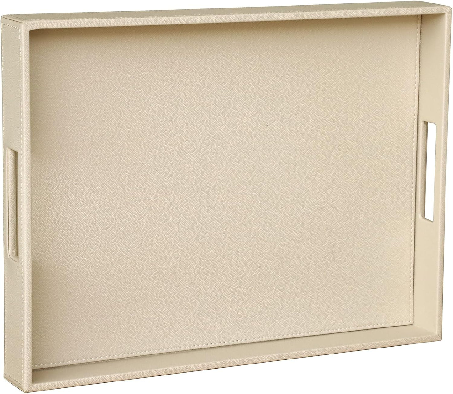HofferRuffer Rectangle Serving Tray with Hole Handles for Coffee Table, Breakfast, Tea, Food, Butler - Countertop, Kitchen, Vanity Serve Tray, 16.2 x 12.2 x 2 inches, Faux Leather (Dark CreamWhite)
