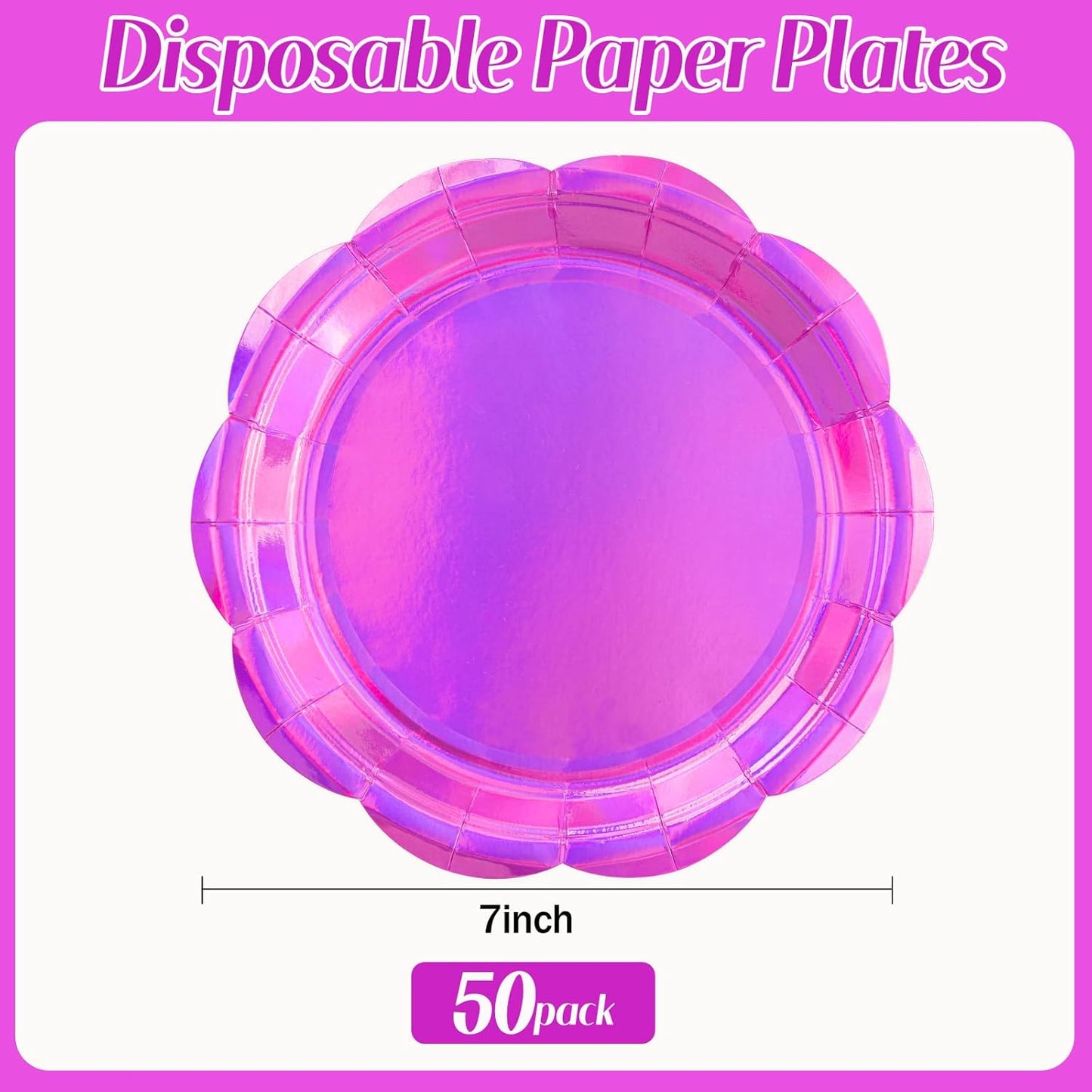 50PCS Iridescent Pink Paper Plates 7 Inch, Disposable Holographic Scalloped Plates Cake Dessert Plate for Mermaid Birthday Wedding Party Supplies (Iridescent Pink, 7 inch)