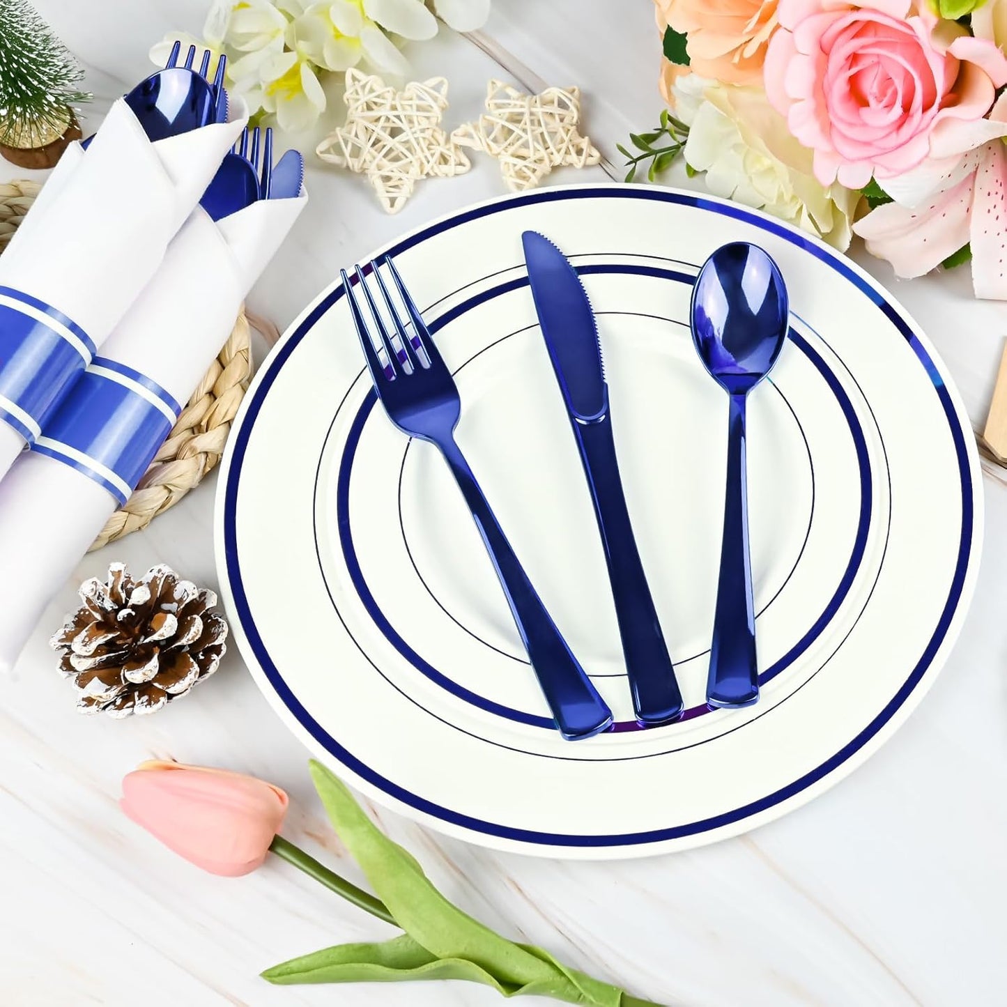 30Pack Blue Pre Rolled Plastic Silverware - Wrapped Blue Disposable Cutlery with Napkins, Heavy Duty Rolled Plastic Silverware Set, Disposable Utensils with Dinner Napkins for Party