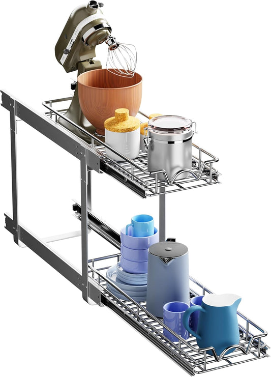 HOLDN’ STORAGE Two Tier Pull Out Cabinet Organizer, Individual Sliding Drawers - Heavy Duty Metal with Lifetime Limited Warranty - Anti Rust Chrome Finish - 8" W x 21”D x 16.5" H