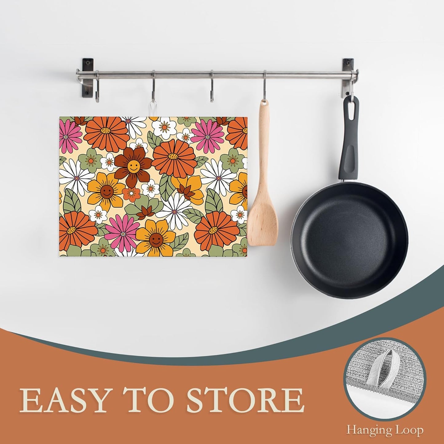 Retro 70s Groovy Flowers Dish Drying Mats 18x24 Inch,Daisy Boho Dish Pad Drying Rack Mat for Kitchen Counter Ultra Absorbent Microfiber Dishware Coffee Maker Bar Countertop Decor