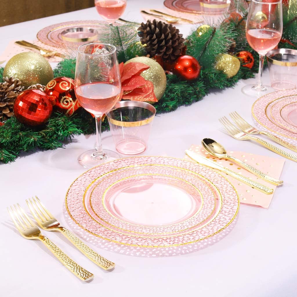 Nervure 175PCS Pink and Gold Plastic Plates - Pink Disposable Plates : 25 Dinner Plate,25 Dessert Plate, 25 Forks,25 Knives, 25 Spoons, 25 Cups,25 Napkins for Wedding & Party