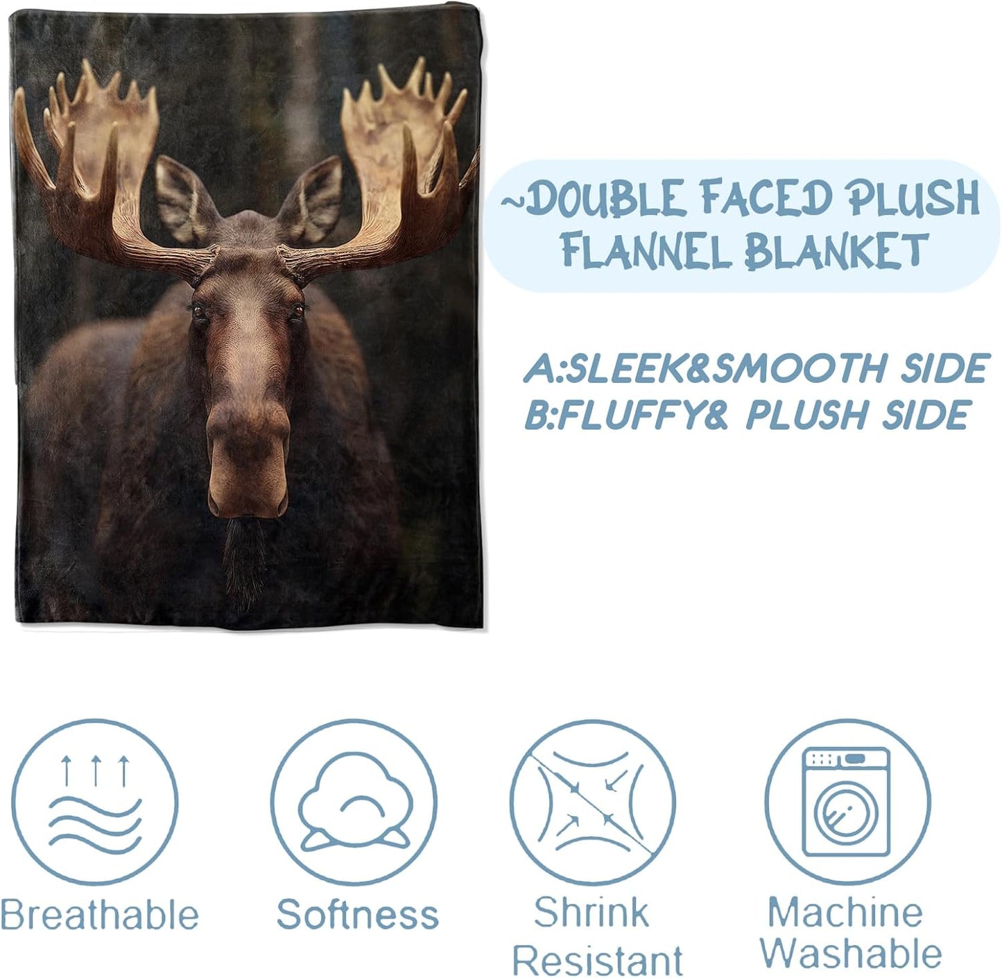 Moose Blanket,Gifts for Wildlife Lovers,Lightweight Flannel Throw Blankets,Realistic Animal in Woodland Background Throws Home Decor,for Couch Living Room Office,60x50inch