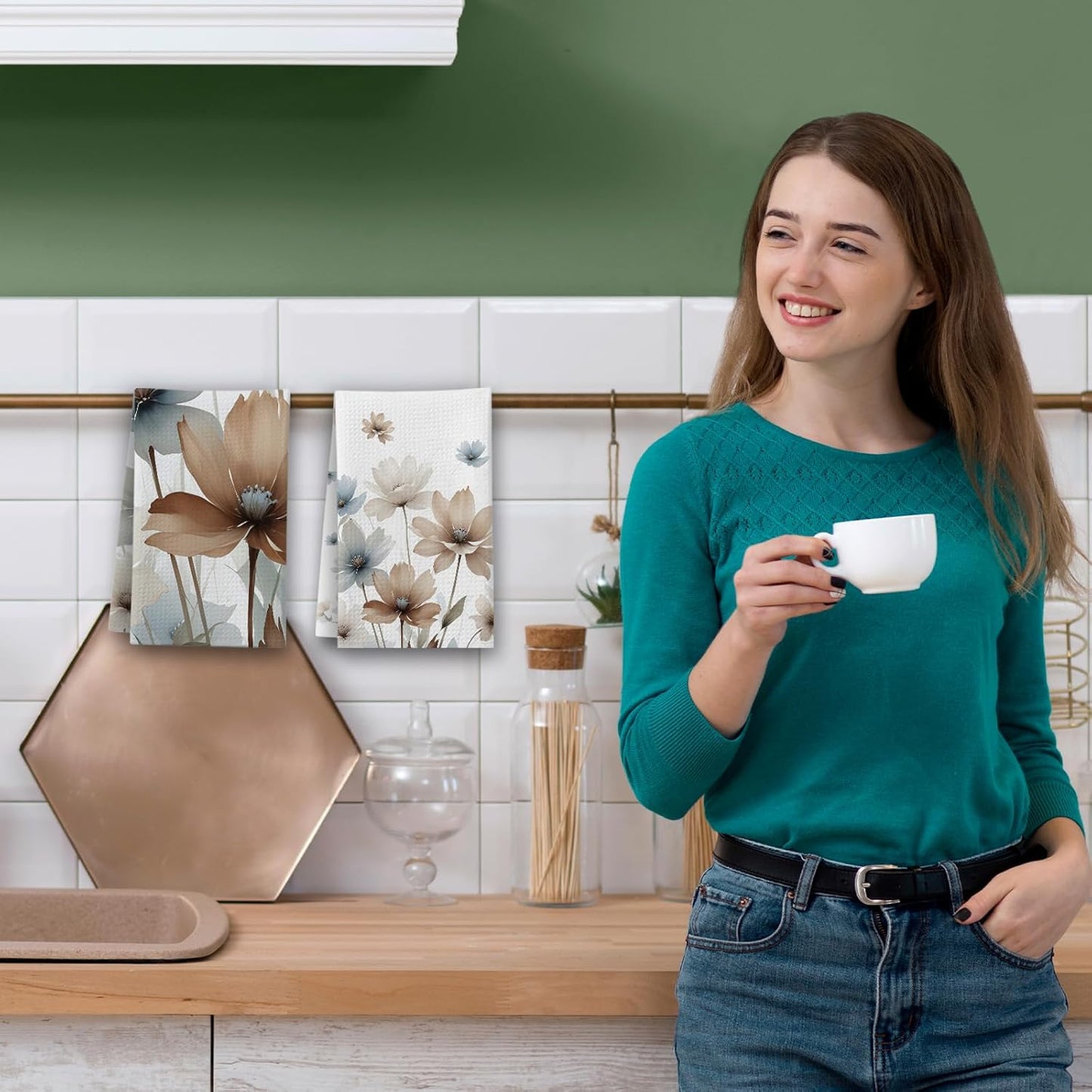 Watercolor Flowers Kitchen Towels, Poppy Floral Leaves House Hand Towel Set of 2, Farmhouse Gifts for Home Bathroom Holiday Decor - A06