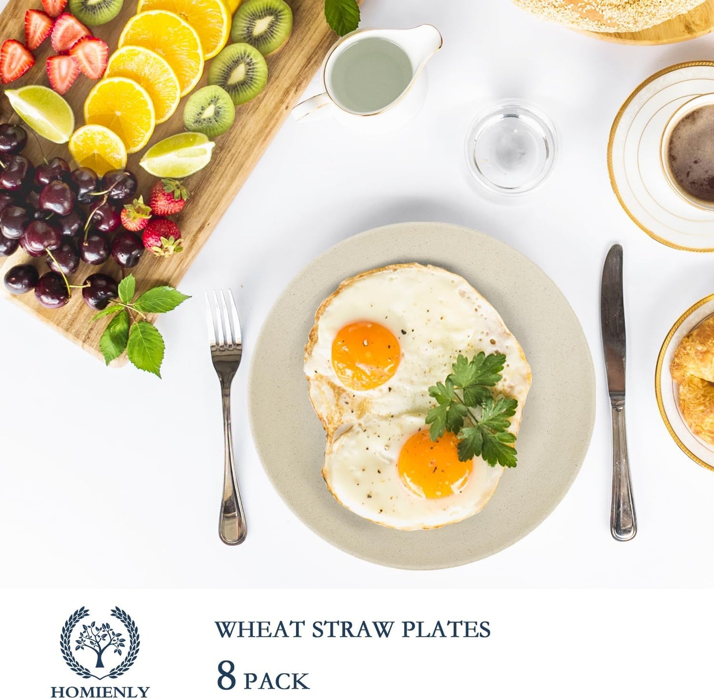 Wheat Straw Dinner Plates Set of 8 - Alternative to Plastic - Microwave & Dishwasher Safe - Unbreakable - For Kitchen, Camping, Salad, Appetizer (Beige, 10 inch)