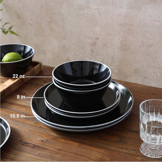 Famiware Saturn Dinnerware Sets, Plates and Bowls Sets for 4, 12 Pieces Stoneware Dish Set - Chip and Scratch Resistant, Microwave and Dishwasher Safe Tableware Set, Black with Rim