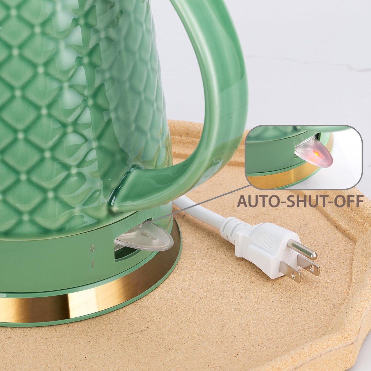 Ceramic Electric Kettle, 1.5L/1200W Boil Water Quickly and Easily with Boil-Dry Protection Auto Shut Off, Detachable Swivel Base, Green Relief Carving