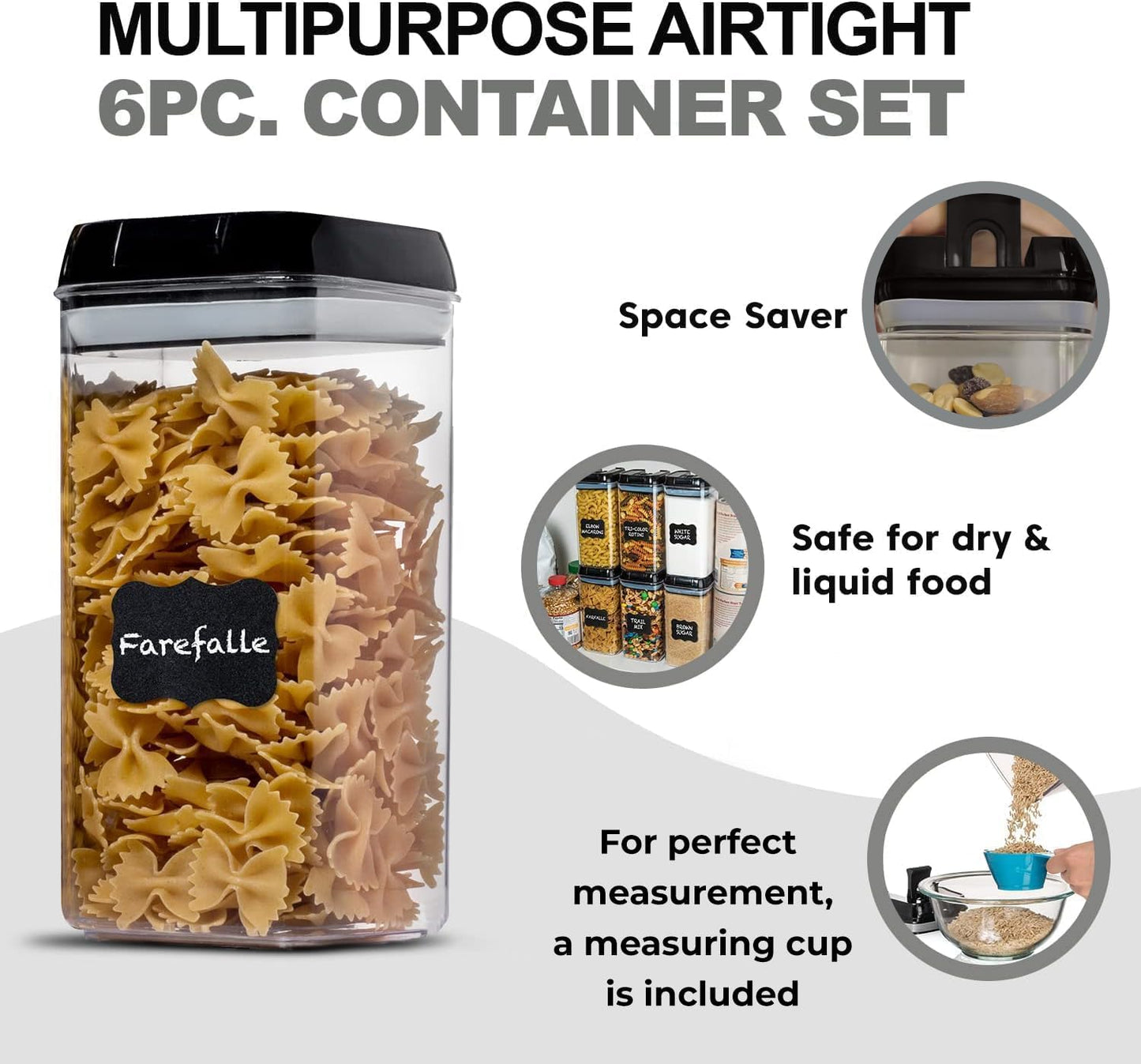 Shazo Airtight Food Storage Containers with Lids - 6 PC BPA Free Clear Plastic Cereal Containers with Easy Lock Lids for Kitchen and Pantry Organization for Snacks and Pasta - 1.2L