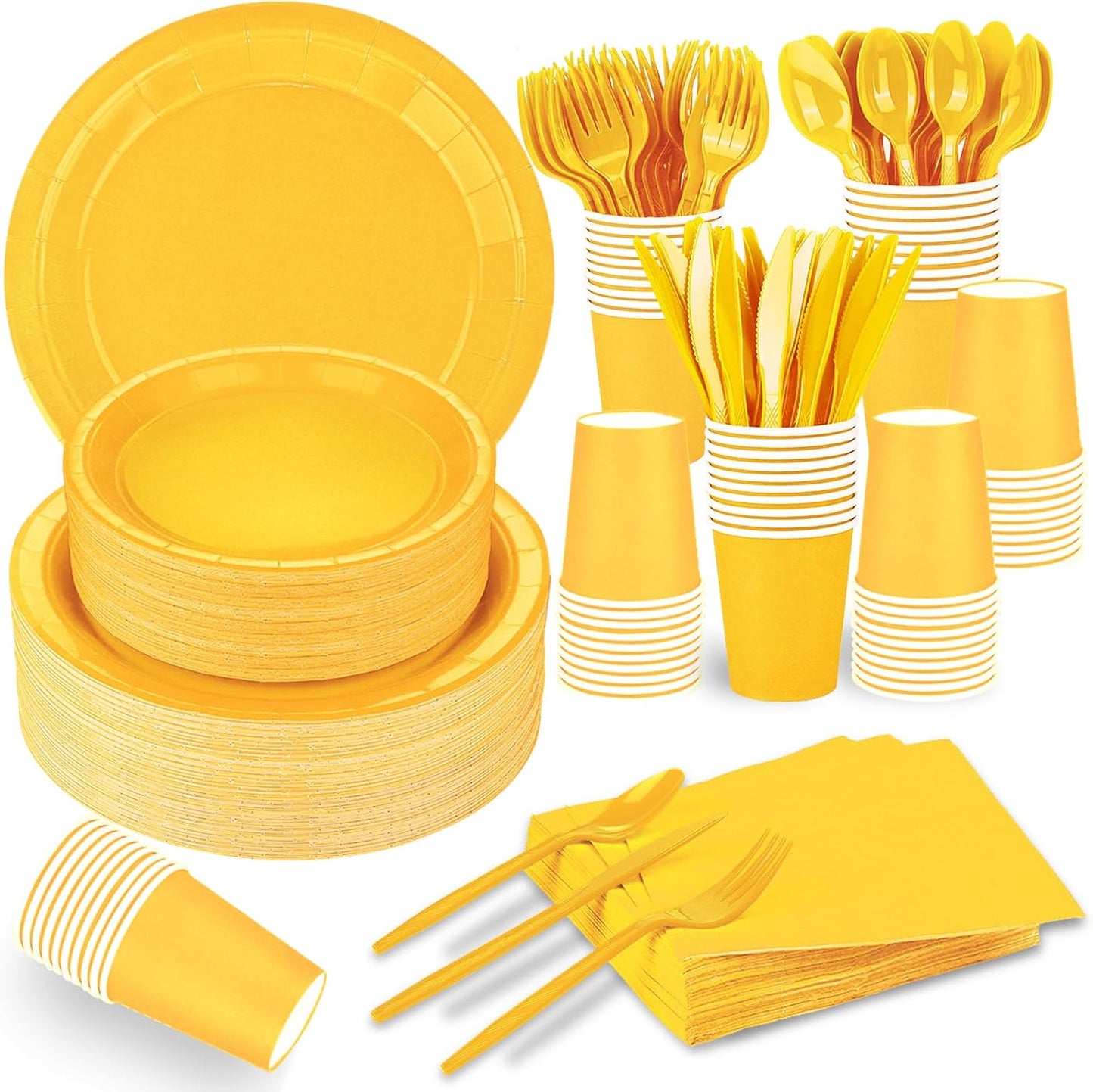 TWOWYHI 228PCS Yellow Party Supplies Set Include Paper Plates Cups Paper Napkins Plastic Spoons Forks Knives for 30 Guests Disposable Party Dinnerware for Birthday Wedding Family Picnic