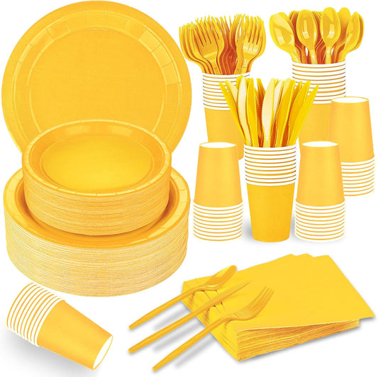 TWOWYHI 228PCS Yellow Party Supplies Set Include Paper Plates Cups Paper Napkins Plastic Spoons Forks Knives for 30 Guests Disposable Party Dinnerware for Birthday Wedding Family Picnic
