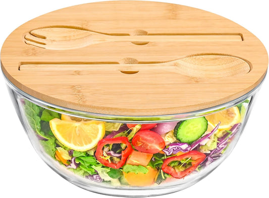 GEHE Glass Salad Bowl with Lid, 10.6Inch Large Trifle Bowl Glass Fruit Bowl, 4.7 Quart Large Capacity Serving Bowls for Salad, Pasta, Fruit, Dessert Display Cake, Microwave Safe