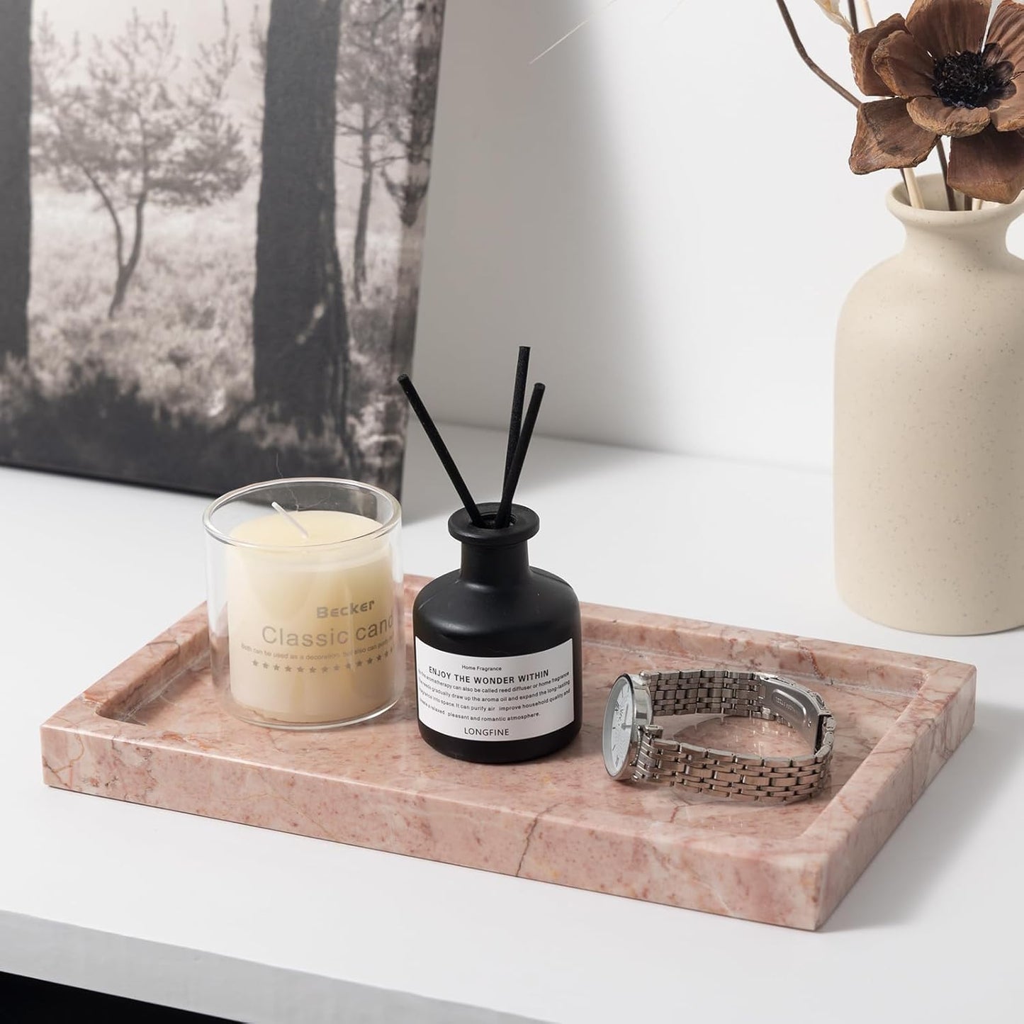 Natural Marble Rectangular Tray 10x6 Inch - Cream Rose Vanity Organizer for Bathroom, Coffee Table & Kitchen - Weighted Base