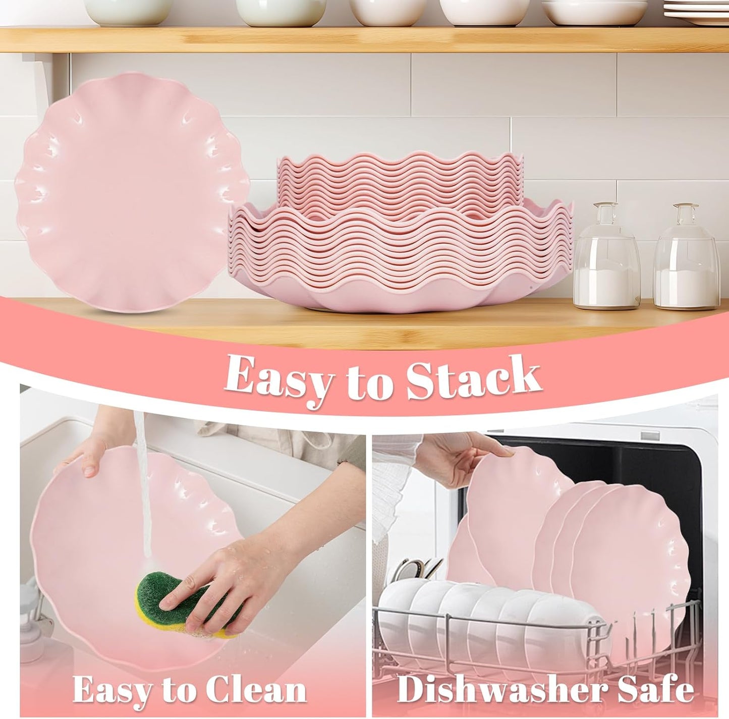 LIYH 50 Pcs Pink Plastic Plates Reusable - Durable and Dishwasher Safe Baby Shower Plates Wavy Daisy Plastic Flower Plate for Party Wedding Birthday Picnics BPA Free (25Guests)
