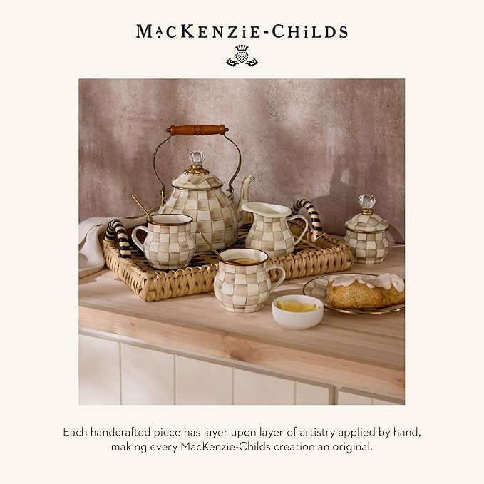 MACKENZIE-CHILDS Enamel Salad Serving Set, Enamel Bowl and Wooden Salad Servers, Decorative Kitchen Set, Brown-and-White Mocha Check