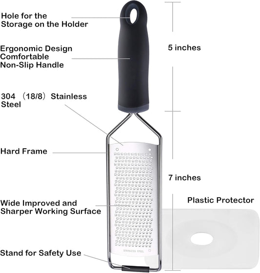 Stainless Steel Cheese Grater, Ergonomic Soft Handle Lemon Ginger Potato Zester with Plastic Cover
