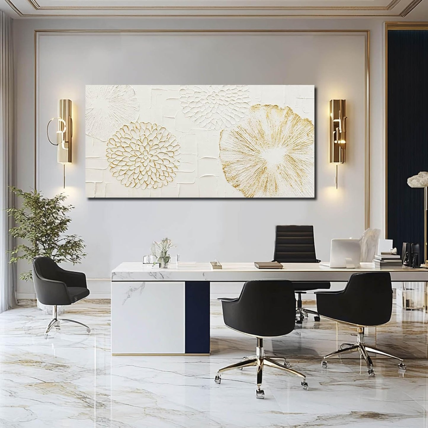 VAYIMDH White and Gold Wall Decorations Flower Wall Paintings Neutral Wall Art 29"x58" Over The Bed Wall Decor for Bedroom Kitchen Pictures