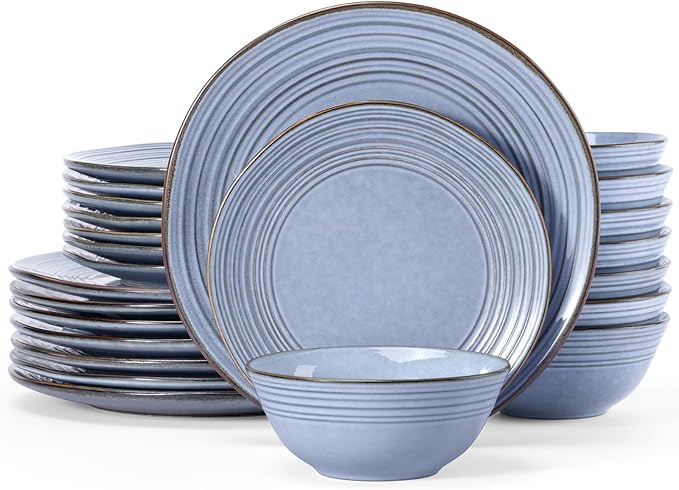 Famiware Plates and Bowls Sets 24-Piece Stoneware Dinnerware Sets, Dishes Set for 8, Hand-made Reactive Glaze Dish Set, Twilight Series, Blue