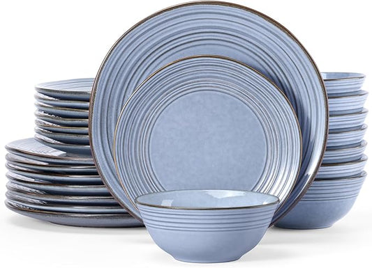Famiware Plates and Bowls Sets 24-Piece Stoneware Dinnerware Sets, Dishes Set for 8, Hand-made Reactive Glaze Dish Set, Twilight Series, Blue