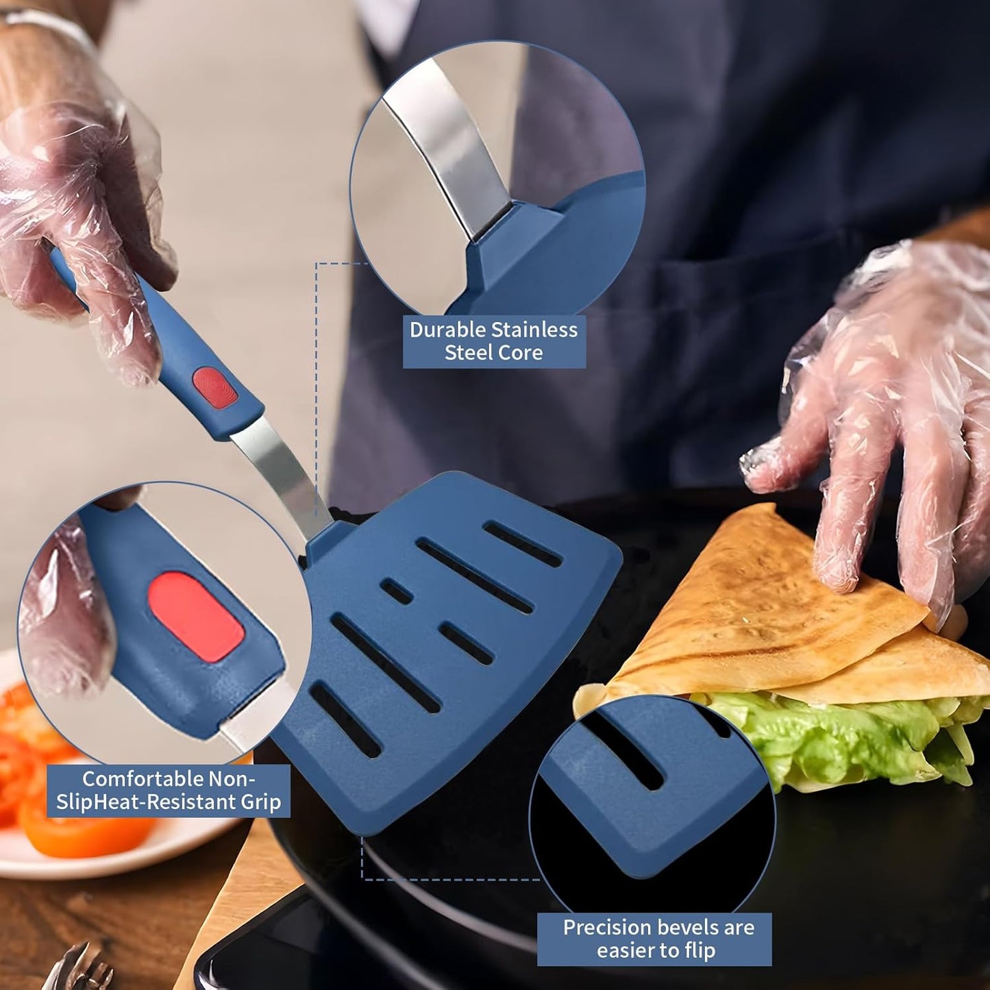 Silicone Spatula Turner, High Heat Resistant Rubber Baking Spatula, Non-Stick Slotted Wide Fish Slice Spatulas for Cooking, Large Kitchen Utensil for Pancake Omelette Egg - Hazy Blue