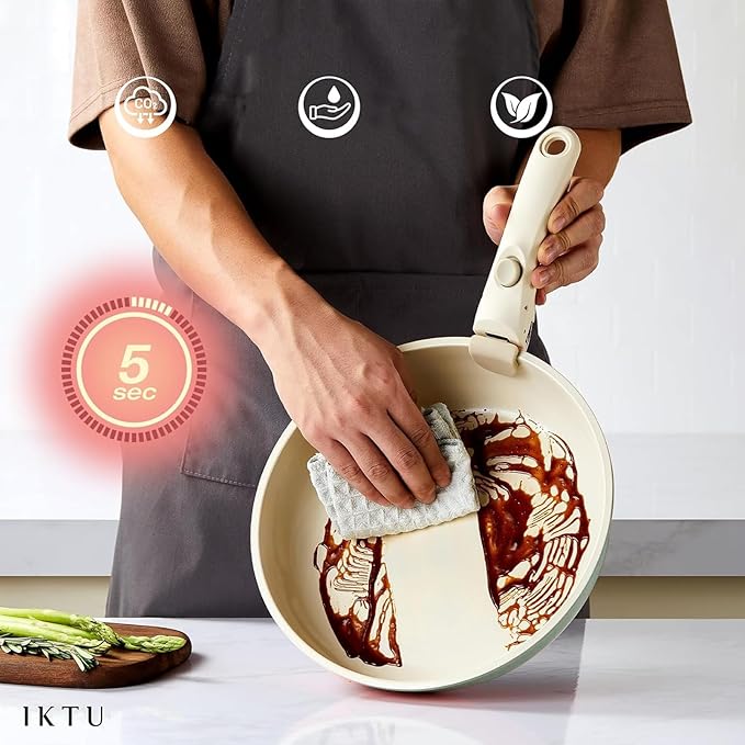 Ceramic Pots and Pans Set Non Stick Green, 8 Pcs Nonstick Cookware Set with Detachable Handle RV Camping Induction Kitchen Cookware Set Non Stick, PFAS PFOA & PTFE Free