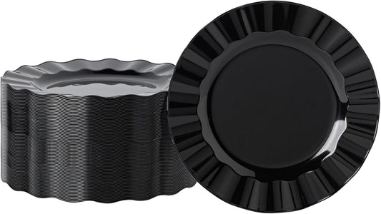 72 Pack Black Plastic Plates, 7" Disposable Wave Salad/Dessert Plates Elegant Heavy Duty Plate for Party, Wedding, Thanksgiving, Christmas