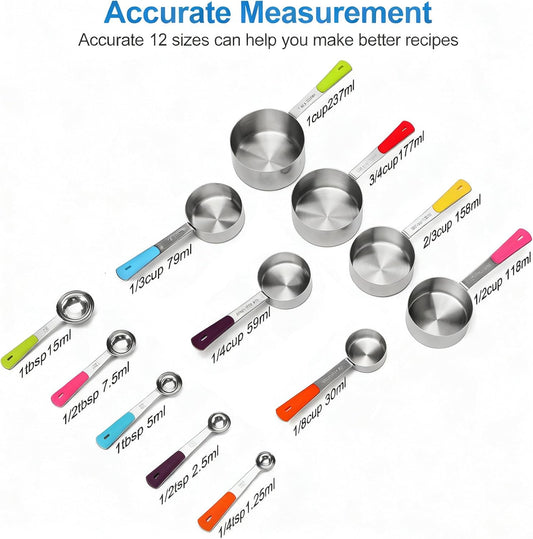 Measuring Cups and Spoons Set, Stainless Steel 12 Piece for Cooking and Baking (7 Cups + 5 Spoons, Colorful Handles)