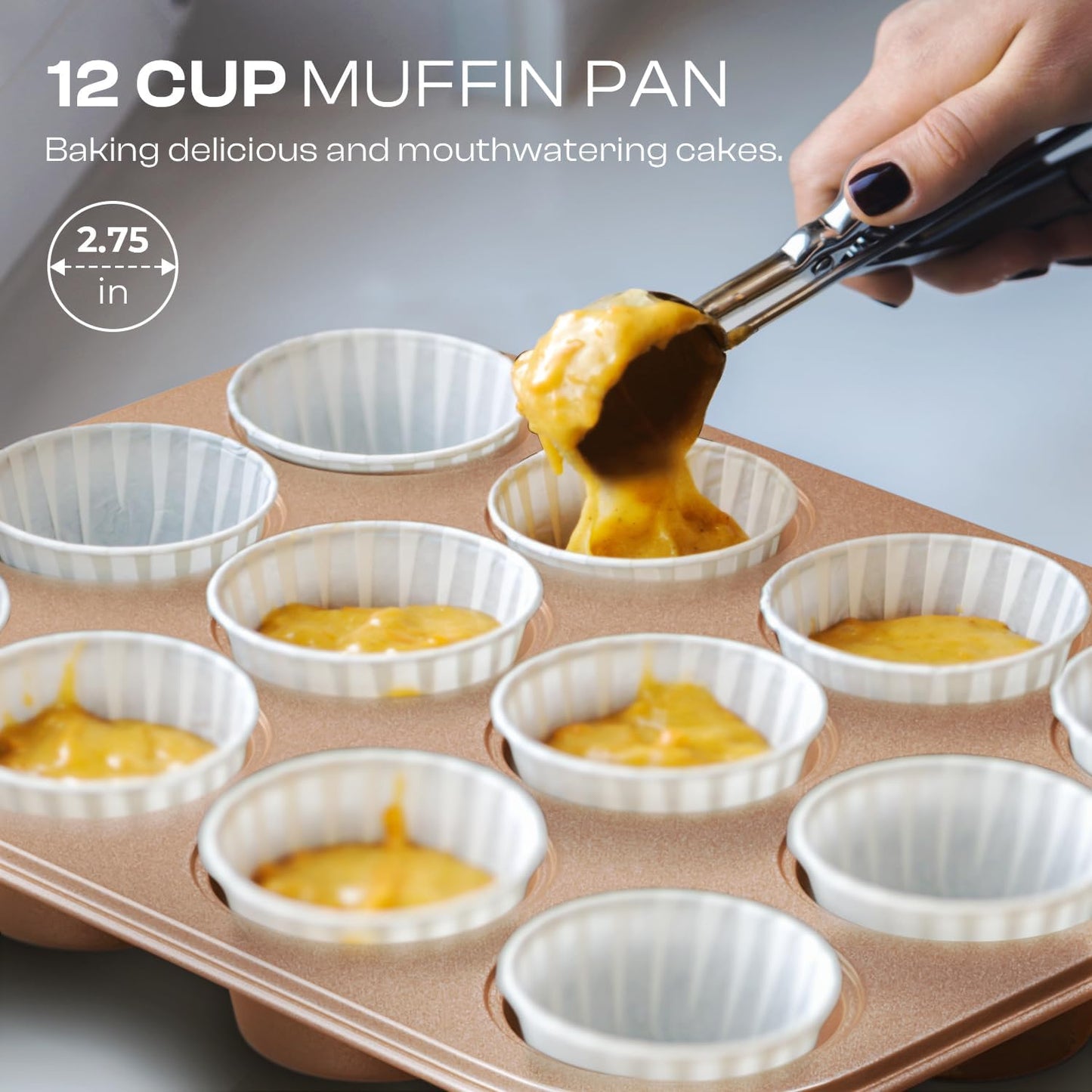 12-Piece Nonstick Bakeware Set with Baking Pan, Cake Pan, Muffin Pan, Loaf Pan, Square Pan, Roasting Pan, Cookie Pan, Cooling Rack & Utensils - Ceramic Coated Gold