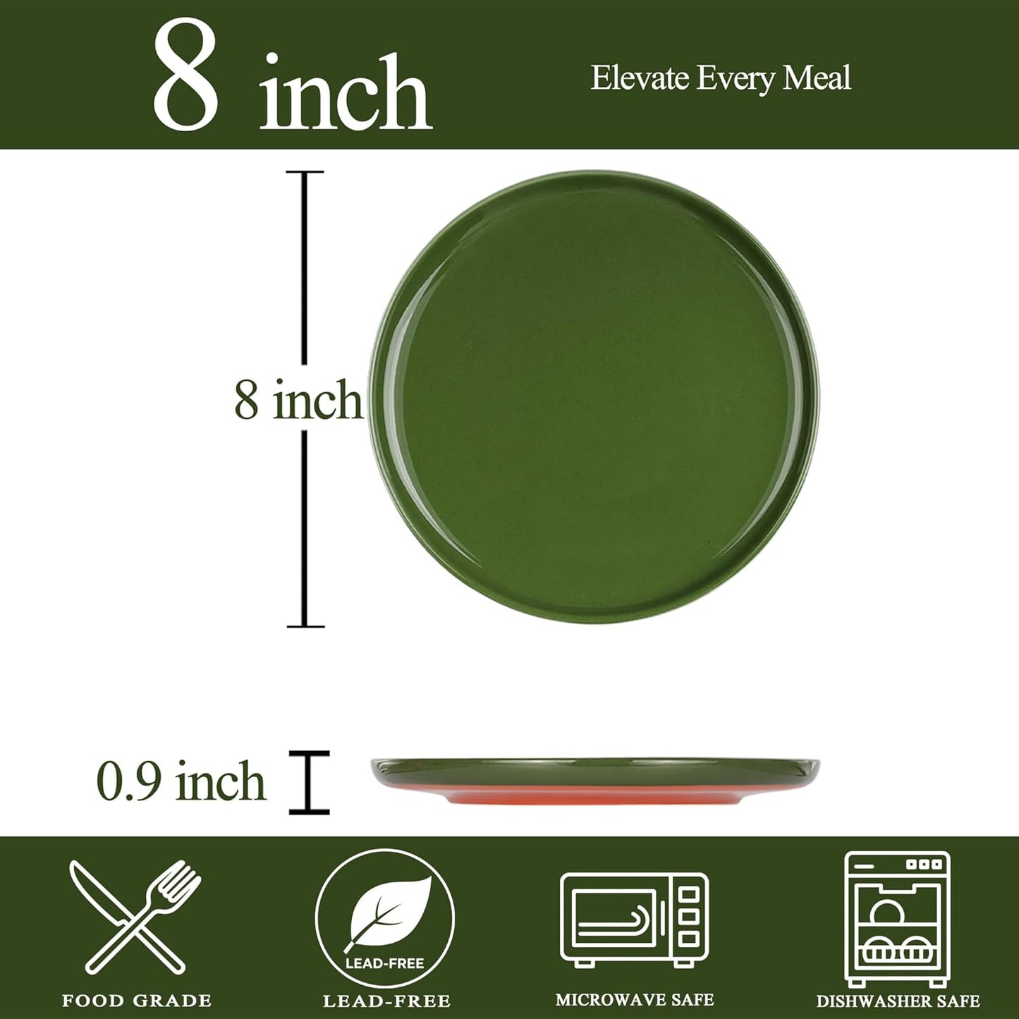 Stoneware Salad Plates Set of 4, 8 Inch Plates for Dessert, Ceramic Plates Sets, Microwave Safe, Dishwasher Safe, Versatile for All Seasons, Forest Glaze Green