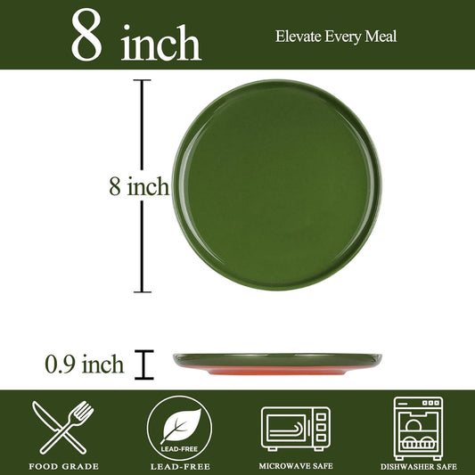 Stoneware Salad Plates Set of 4, 8 Inch Plates for Dessert, Ceramic Plates Sets, Microwave Safe, Dishwasher Safe, Versatile for All Seasons, Forest Glaze Green