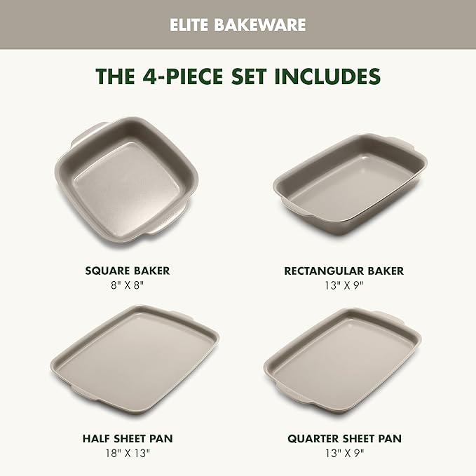 GreenPan Premiere Ovenware Healthy Ceramic Nonstick 4 Piece Bakeware Set, PFAS-Free, Rectangular, Square, Quarter, Half Sheet Baking Pans, Warp-Free, Oven & Broiler Safe 600F, Dishwasher Safe, Taupe