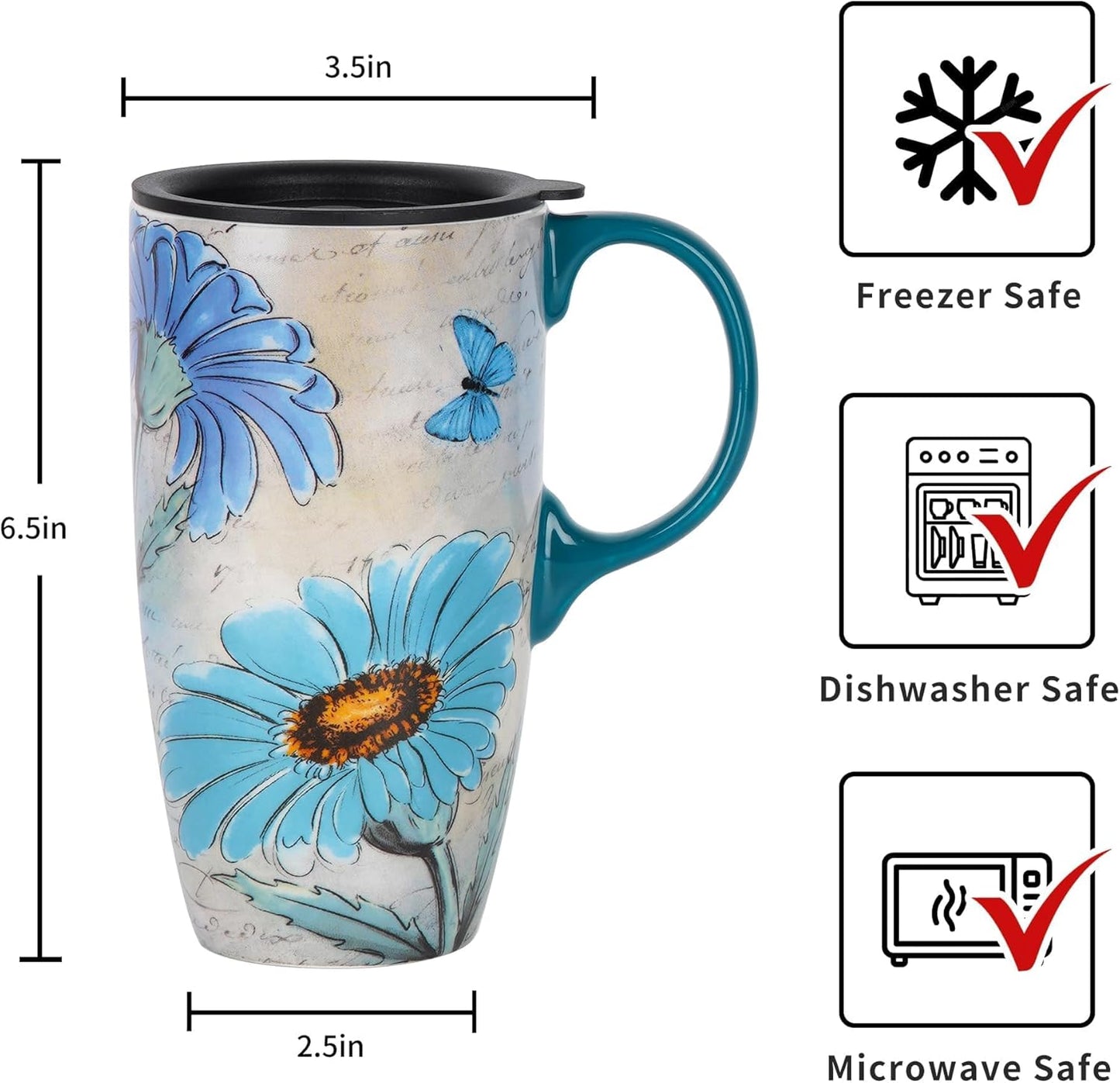 Topadorn 17 Oz Ceramic Travel Mug with Handle, Splash-Resistant Slider Lid, Suitable for Coffee and Tea, Microwave & Dishwasher Safe, Flowers & Butterflies