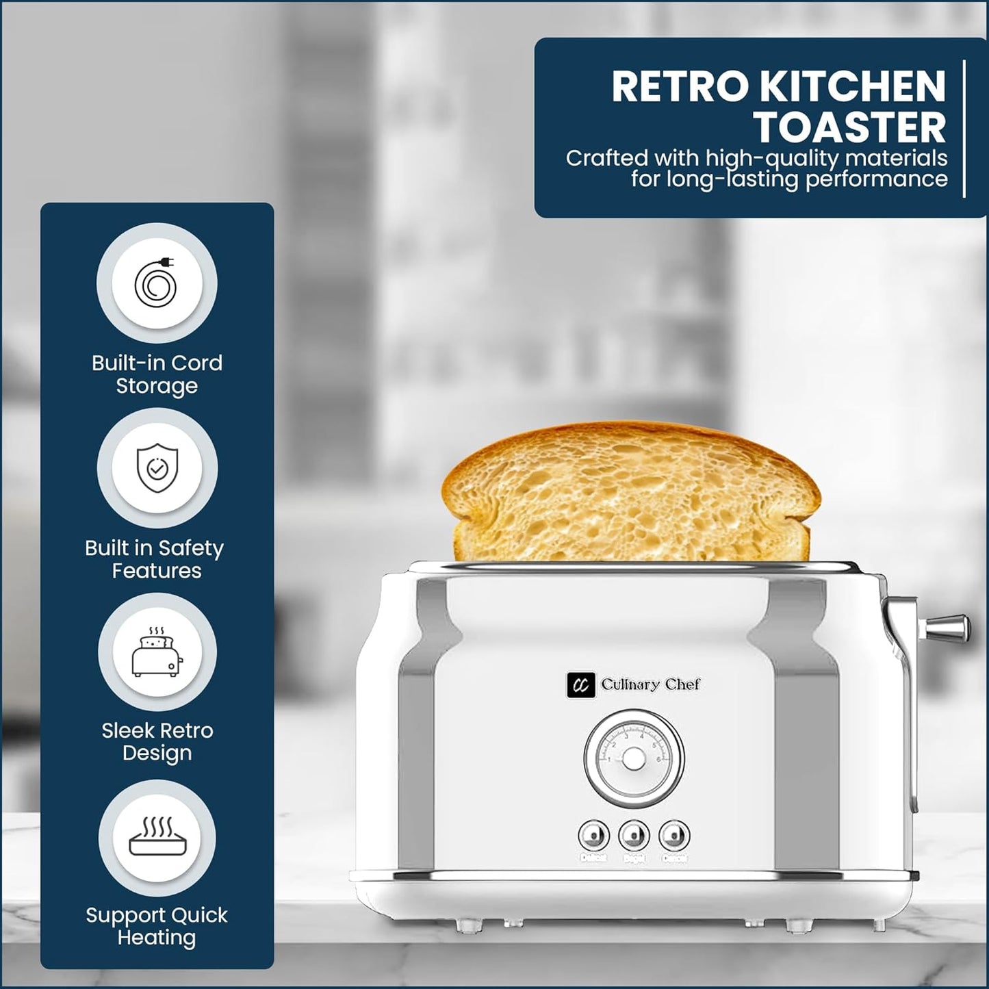 CULINARY CHEF, 2 Slice Toaster, Retro Style, Wide Slot for Bread, English Muffins, Croissants, and Bagels, 6 Adjustable Toast Settings, Cancel and Defrost, 900w, White