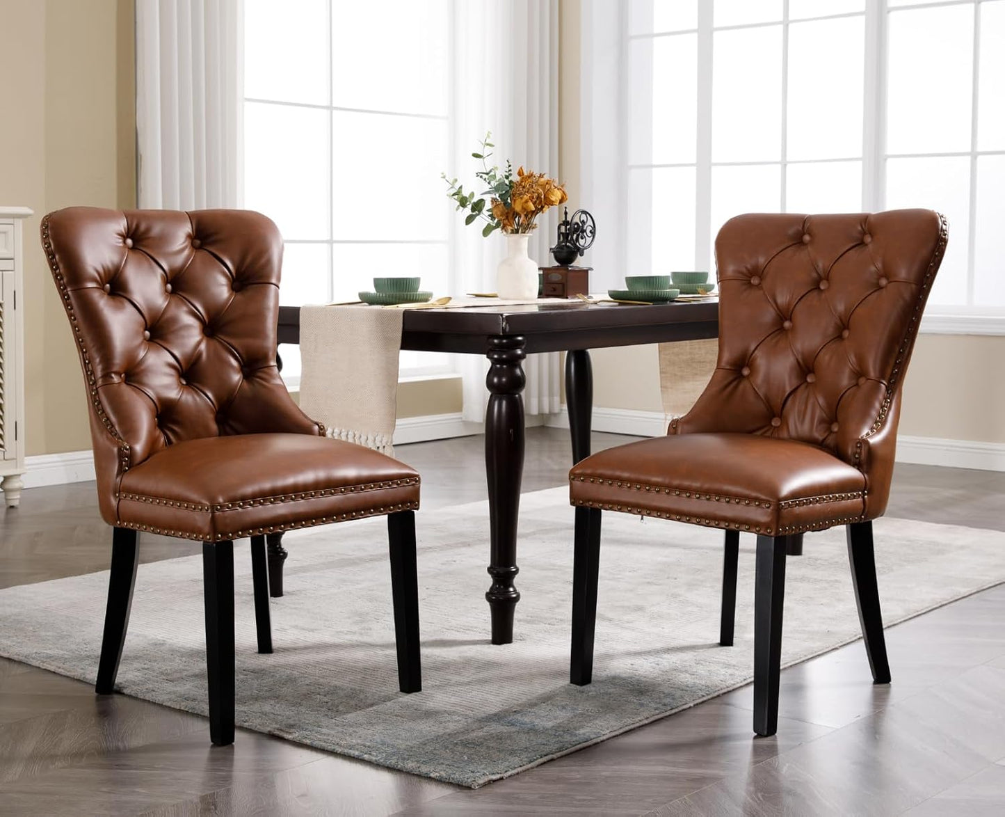 Brown Leather Dining Chairs Set of 2 Mid Century Modern Tufted Chairs Armless Rubber Wood Vintage Furniture Chairs Upholstered Nailhead PU Side Chair with Pull Ring for Kitchen/Cafe Decor