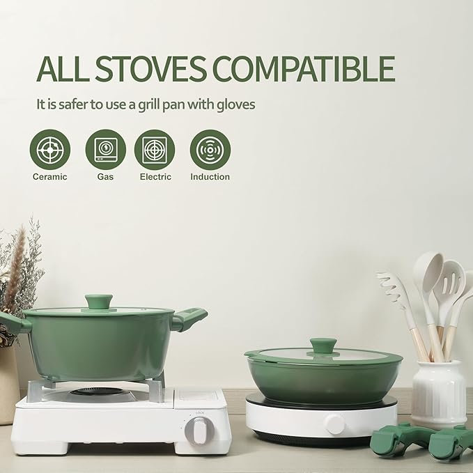 23pcs Ceramic Pots and Pans Set, Nonstick Detachable Handle Cookware, Induction Kitchen Cooking Set with Removable Handle,include Frying Pans & Saucepans Oven Safe(Green)