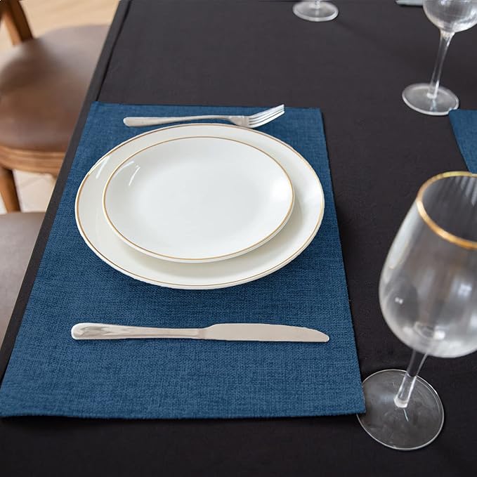 Linen Fabric Placemats Set of 4, Machine Washable, Heat Resistant, Wrinkle Free, Thick Polyester Kitchen Place Mats for Dining Table (Navy Blue)