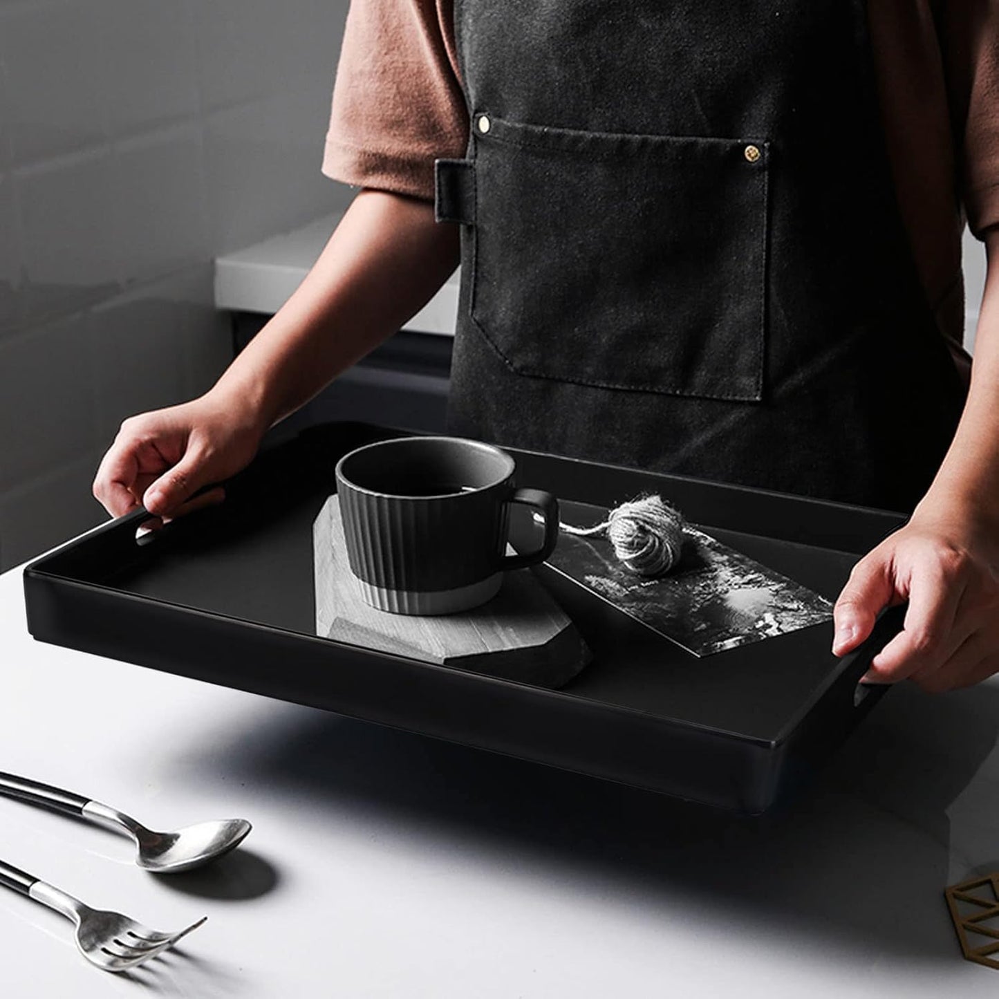 Serving Tray with Handles-10x15Inch Black Melamine Modern Serving Platters,Serving Wine,Coffee,Breakfast/Kitchen Countertop Tray/Makeup Drawer Organizer/Vanity Table Tray/Decorative Tray