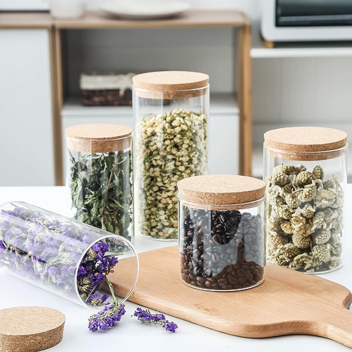 Airtight Glass Storage Containers with cork Lid, for Kitchen Pantry Organization and Storage jar，Ideal for Coffee Beans Snacks Flour Cereal Sugar Tea 16oz. (Circular 3.9 * 3.3in*2pcs)