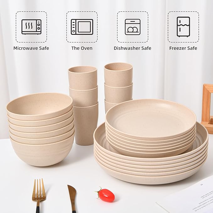 24 - Piece Wheat Straw Dinnerware Set - Plates and Bowls for 6, Unbreakable, Dishwasher & Microwave Safe, Reusable, Lightweight Tableware, Ideal for Camping and Everyday Use (Beige)