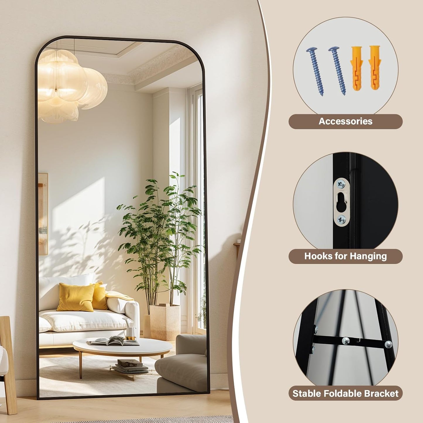 77x38 Inch Floor Length Mirror with Stand, Full Length Standing Mirror for Bedroom, Full Body Tall Mirrors with Modern Aluminum Alloy Frame in Black, Home Decor