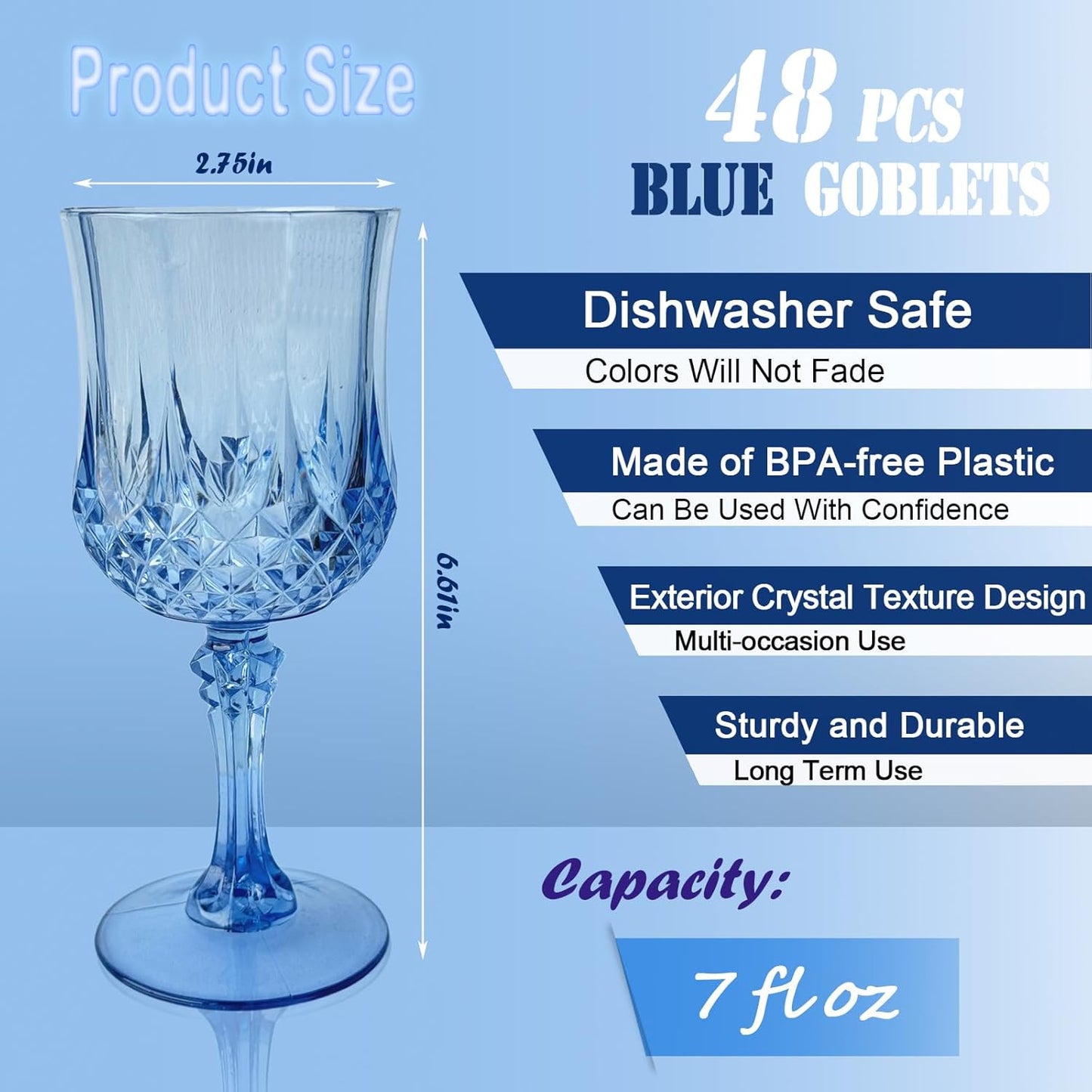 48 PCS Blue Plastic Wine Glasses,Reusable Plastic Wine Glasses,Blue Goblet Glass,Durable and Sturdy Cups Can Be Used for Various Parties Such as Weddings!