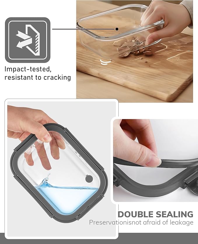 2-Pack Glass Food Storage Containers with Tempered Lids (630ml/2.7cup) - Airtight Snap Lock, Microwave & Oven Safe (-4℉~ 950°F), Freezer to Baking Dish, BPA-Free, Gift Box (Gray)
