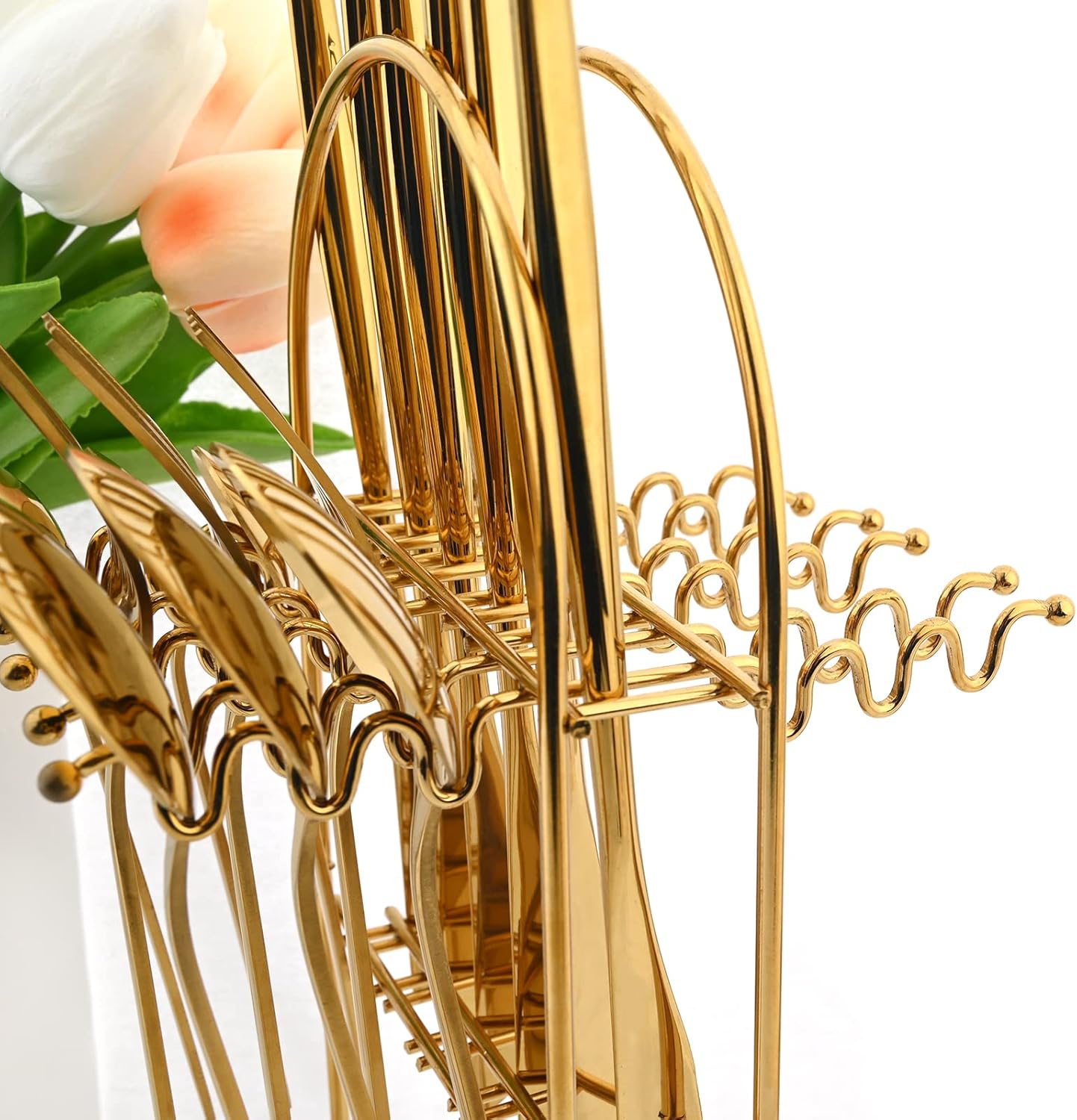 24-Piece Mirror Gold Cutlery Set, Snplowum Stainless Steel Flatware Hanging Tableware Silverware Set Include Knife/Fork/Spoon/Teaspoon and Storage Rack For Daily Use, Service For 6