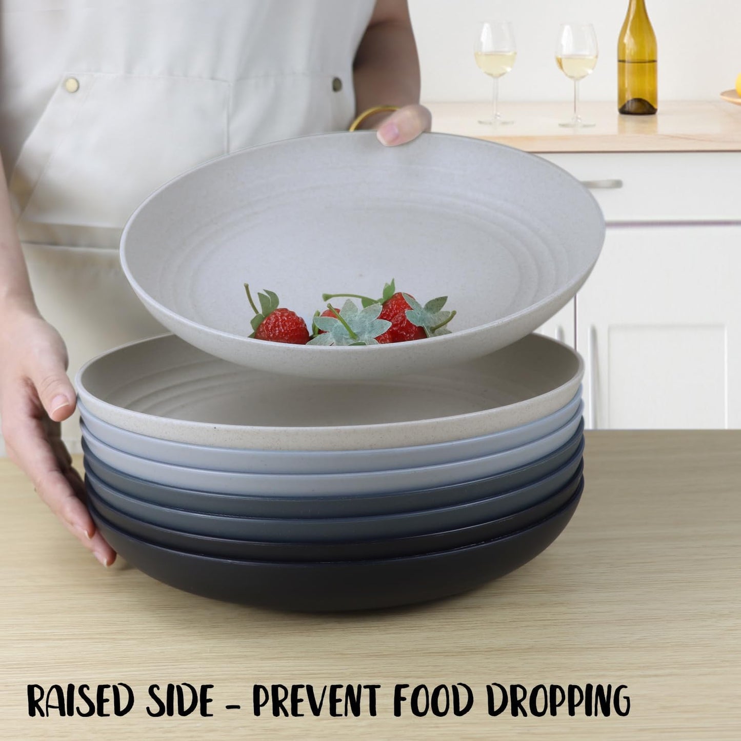 11 Inch Wheat Straw Plates - 8 Piece Set, Unbreakable Dinner Plates, Microwave Safe, Black & Grey