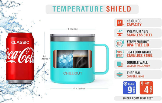 CHILLOUT LIFE Stainless Steel 16 oz Vacuum Insulated Coffee Mug with Handle and Lid, Large Thermal Camping Coffee Mug Cup with Durable Sliding Lid for Men & Women, Keeps your Beverages Hot/Cold
