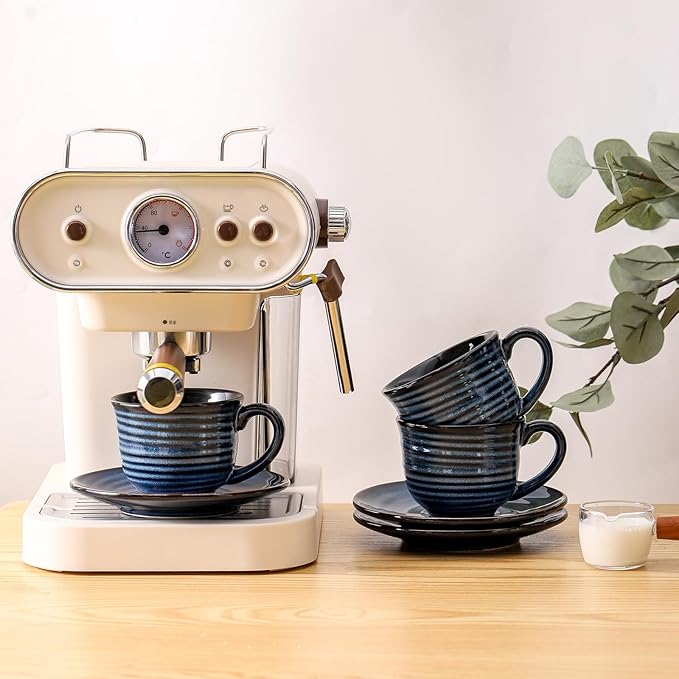 Hasense Ceramic Cappuccino Cups and Saucers Set of 4, 8 oz Tea Coffee Cups Set for Home and Office, Espresso Mugs for Coffee, Cappuccino, Latte, Americano, Milk and Tea - Navy Blue