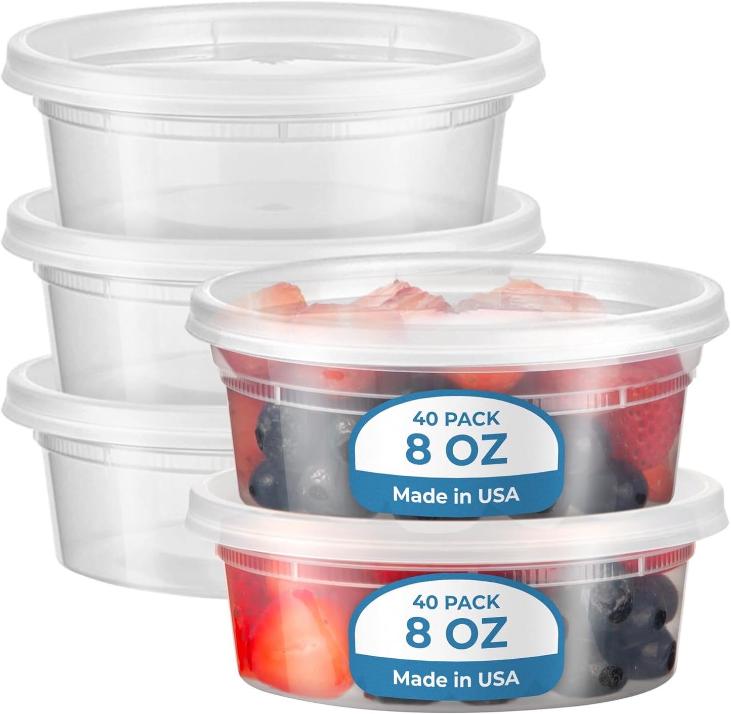 Fit Meal Prep 40 Pack 8 oz Deli Containers with Lids Variety Pack, US Made Leakproof Assorted Plastic Soup Containers, Combo Clear Food Storage Containers with Lids, Microwave Freezer Safe