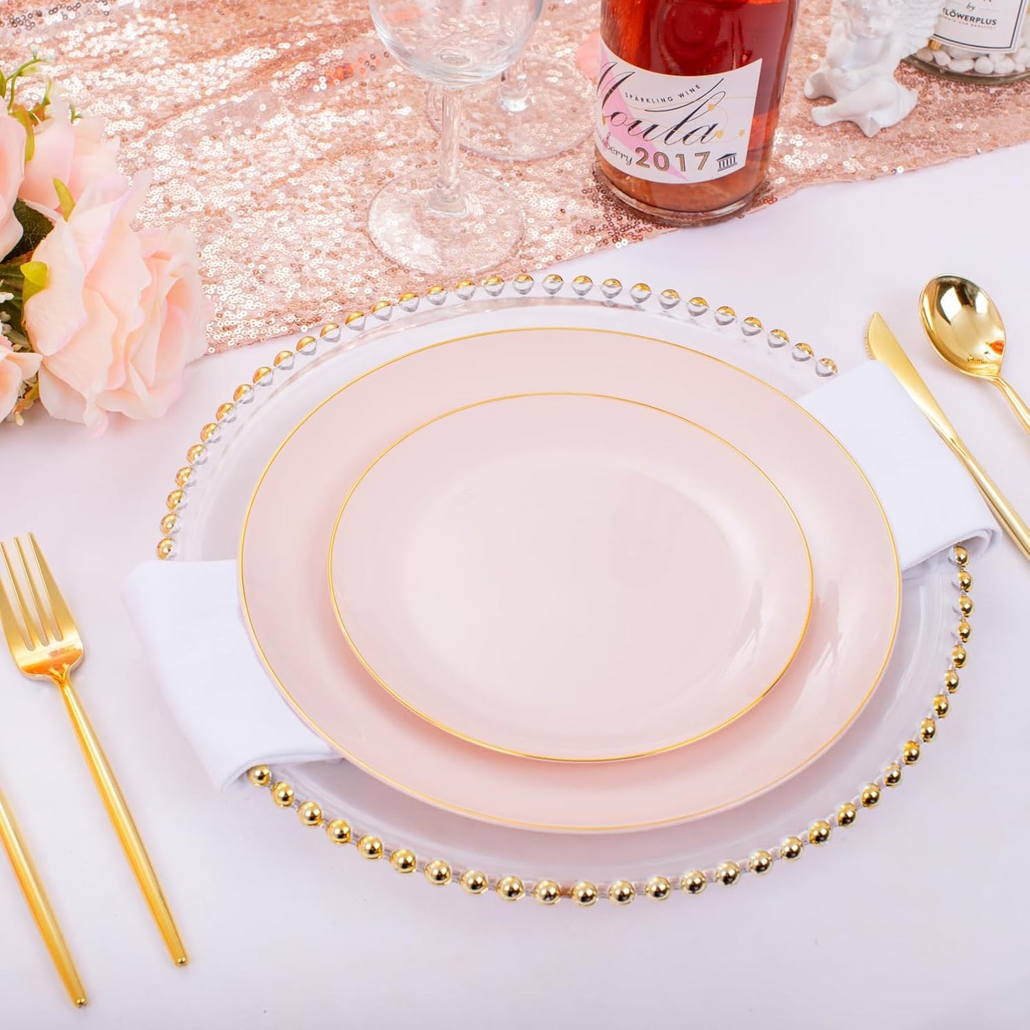 I00000 30 Guests Pink Plastic Plates for Party,Heavy Duty Pink Disposable Plates,Gold Dinnerware Set Include 30 Dinner Plates,30 Dessert Plates,30 Gold Plastic Silverware Set for Party.