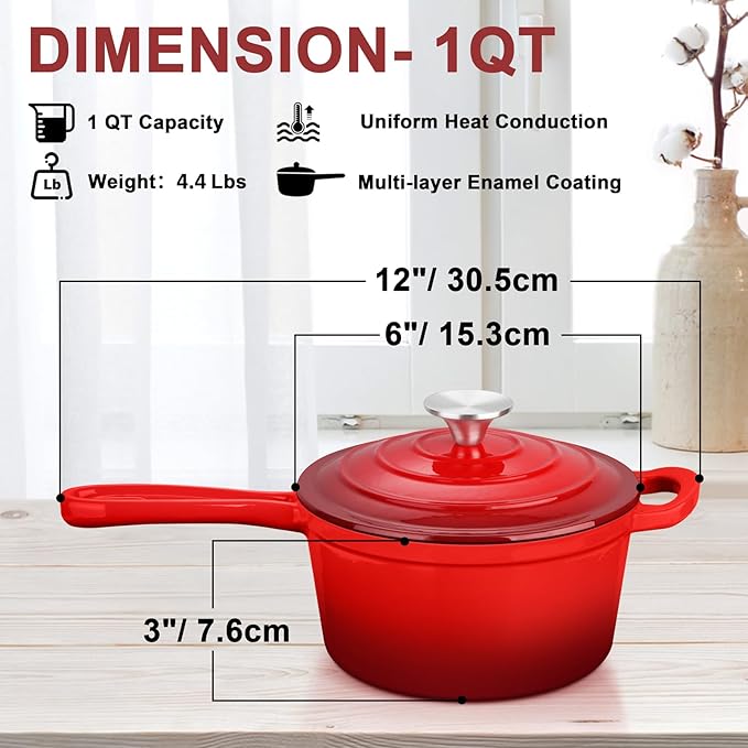 Enameled Cast Iron Sauce Pan with Lid, Leonyo 1 Quart Saucepan with Lid, Small Enamel Cast Iron Dutch Oven Kitchen Cookware for All Cooktops Cooking Pasta, Soup, Milk - Up to 500°F & 4.4Lbs, Red